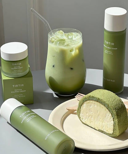 TIRTIR Matcha skincare set with toner, cream, iced matcha drink and dessert display