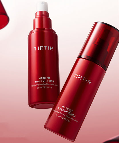 Two red TIRTIR skincare bottles on a pink background
