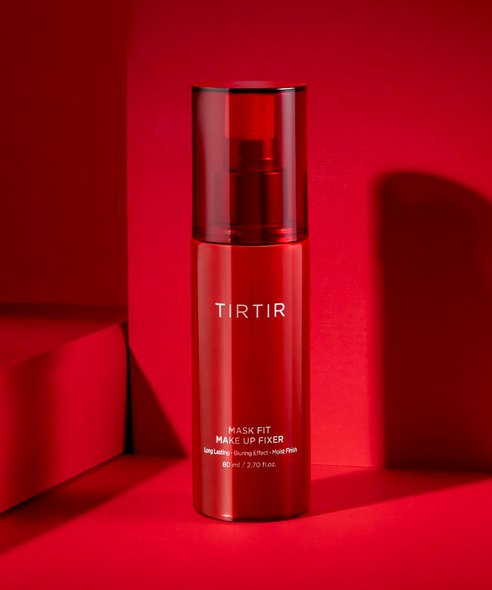 Red TIRTIR makeup product bottle on a red background
