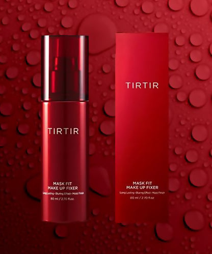 TIRTIR Mask Fit Make Up Fixer bottle and packaging on a red textured background