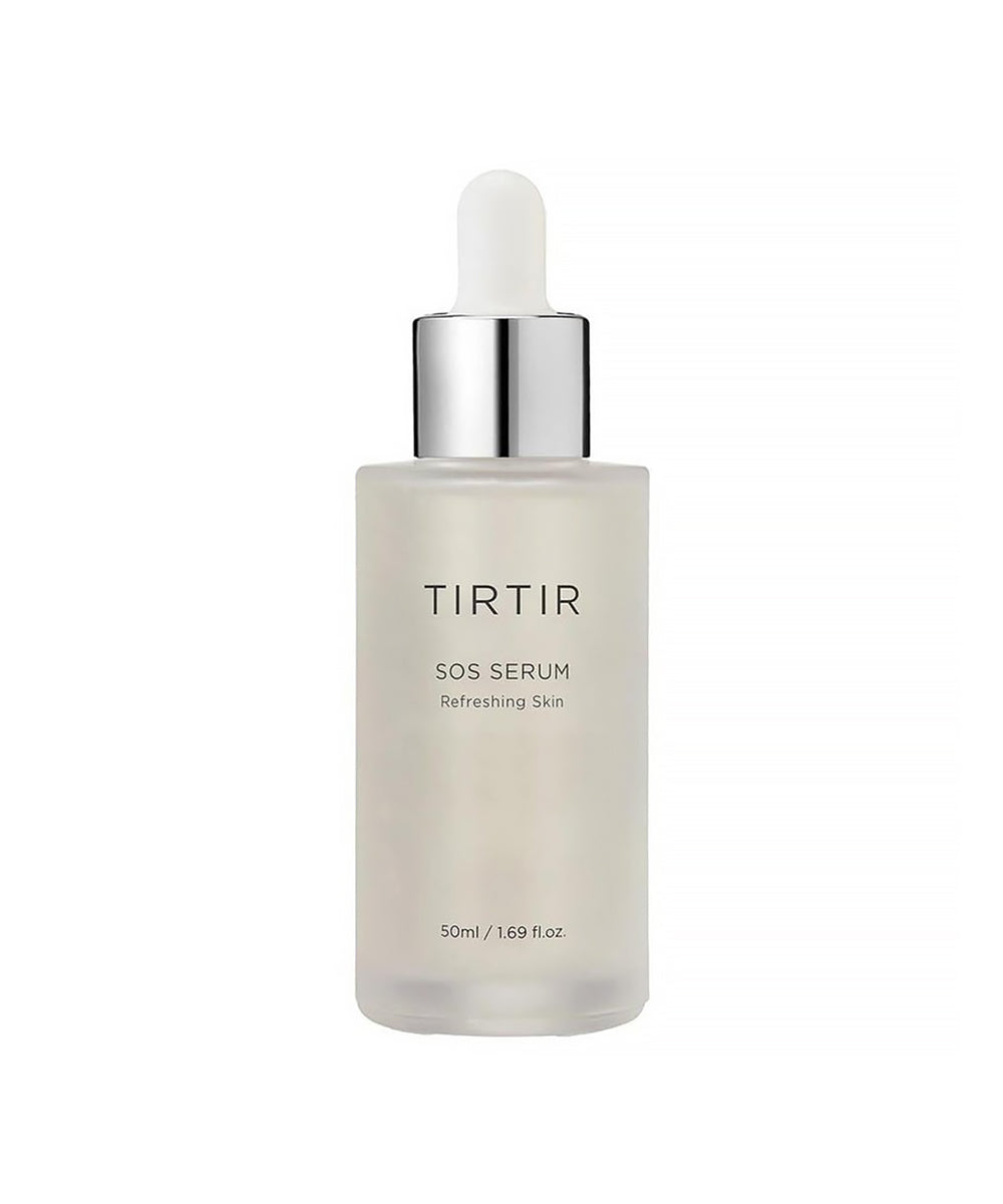 Front view of TIRTIR SOS Serum in a 50ml frosted glass bottle with a silver and white dropper cap, isolated on a white background