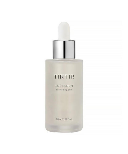 Front view of TIRTIR SOS Serum in a 50ml frosted glass bottle with a silver and white dropper cap, isolated on a white background