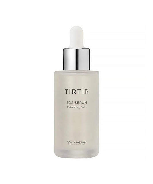 Front view of TIRTIR SOS Serum in a 50ml frosted glass bottle with a silver and white dropper cap, isolated on a white background