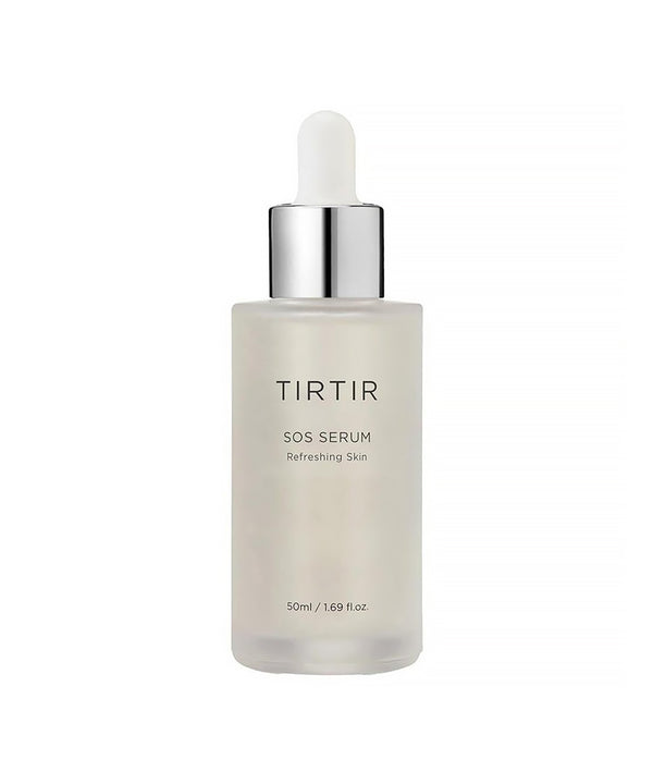 Front view of TIRTIR SOS Serum in a 50ml frosted glass bottle with a silver and white dropper cap, isolated on a white background