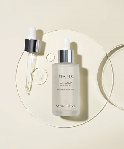 TIRTIR SOS Serum bottle and dropper on a circular glass tray, showcasing clear, hydrating serum droplets against a neutral beige background
