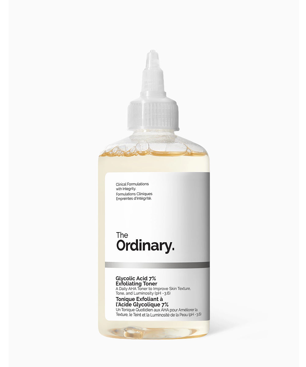 Bottle of The Ordinary toner on a white background