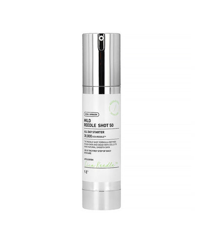 Skincare bottle labeled 'MILD REEDLE SHOT 50' on a white background