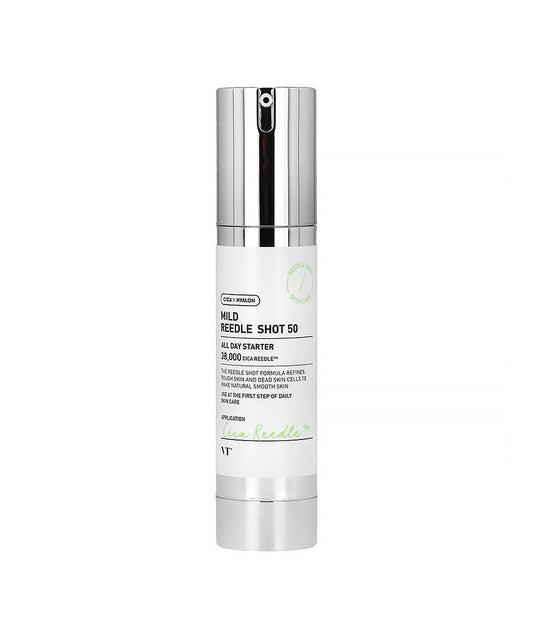 Skincare bottle labeled 'MILD REEDLE SHOT 50' on a white background
