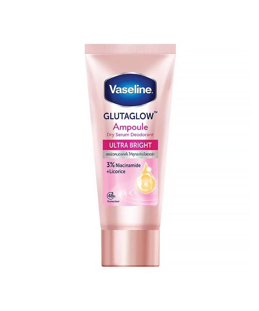 Vaseline Glutaglow Ampoule Ultra Bright dry serum deodorant in a light pink squeeze tube with a metallic rose gold cap, shown on a plain white background.
