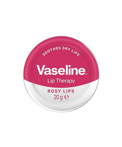 Vaseline Lip Therapy container with pink lid on a white background