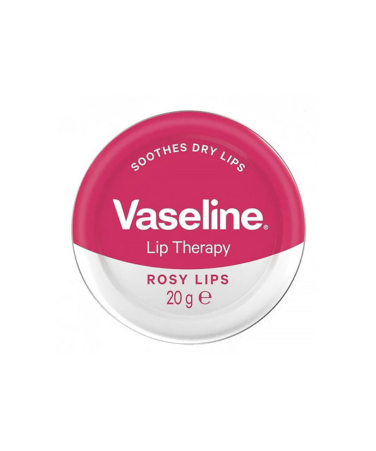 Vaseline Lip Therapy container with pink lid on a white background