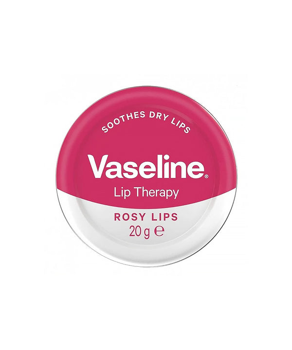 Vaseline Lip Therapy container with pink lid on a white background