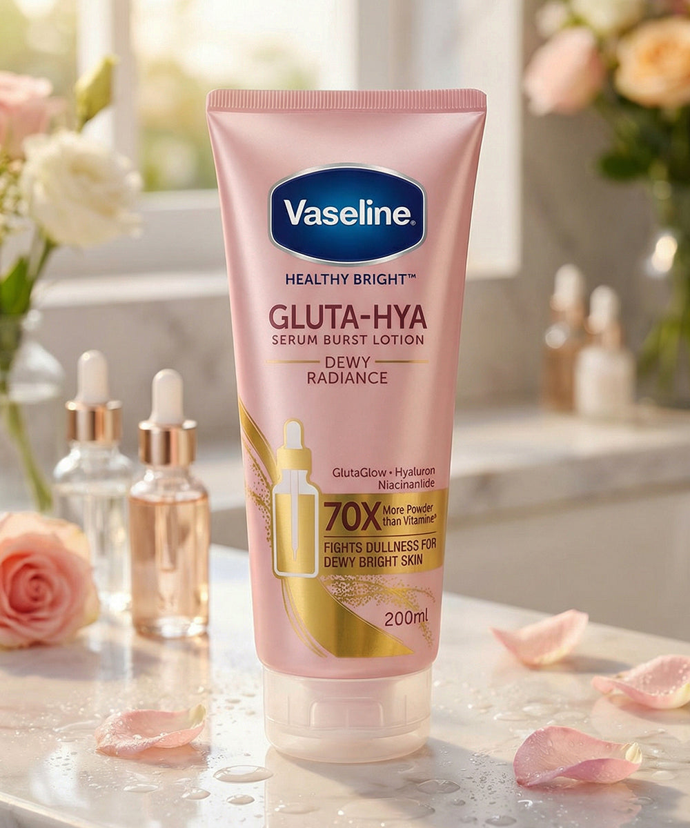 Vaseline Gluta-Hya serum burst lotion tube on a bathroom counter with flowers and skincare products in the background.