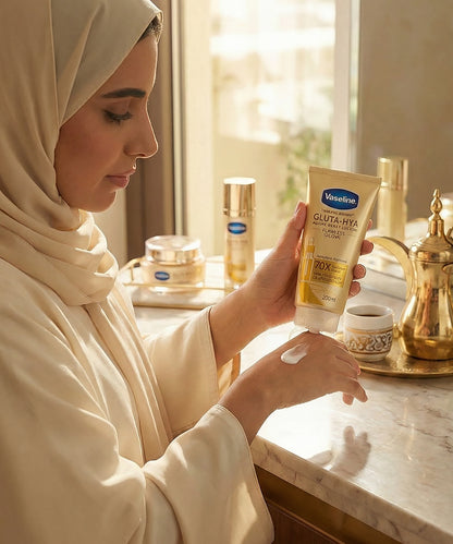 Woman applying Vaseline skincare product in a home setting