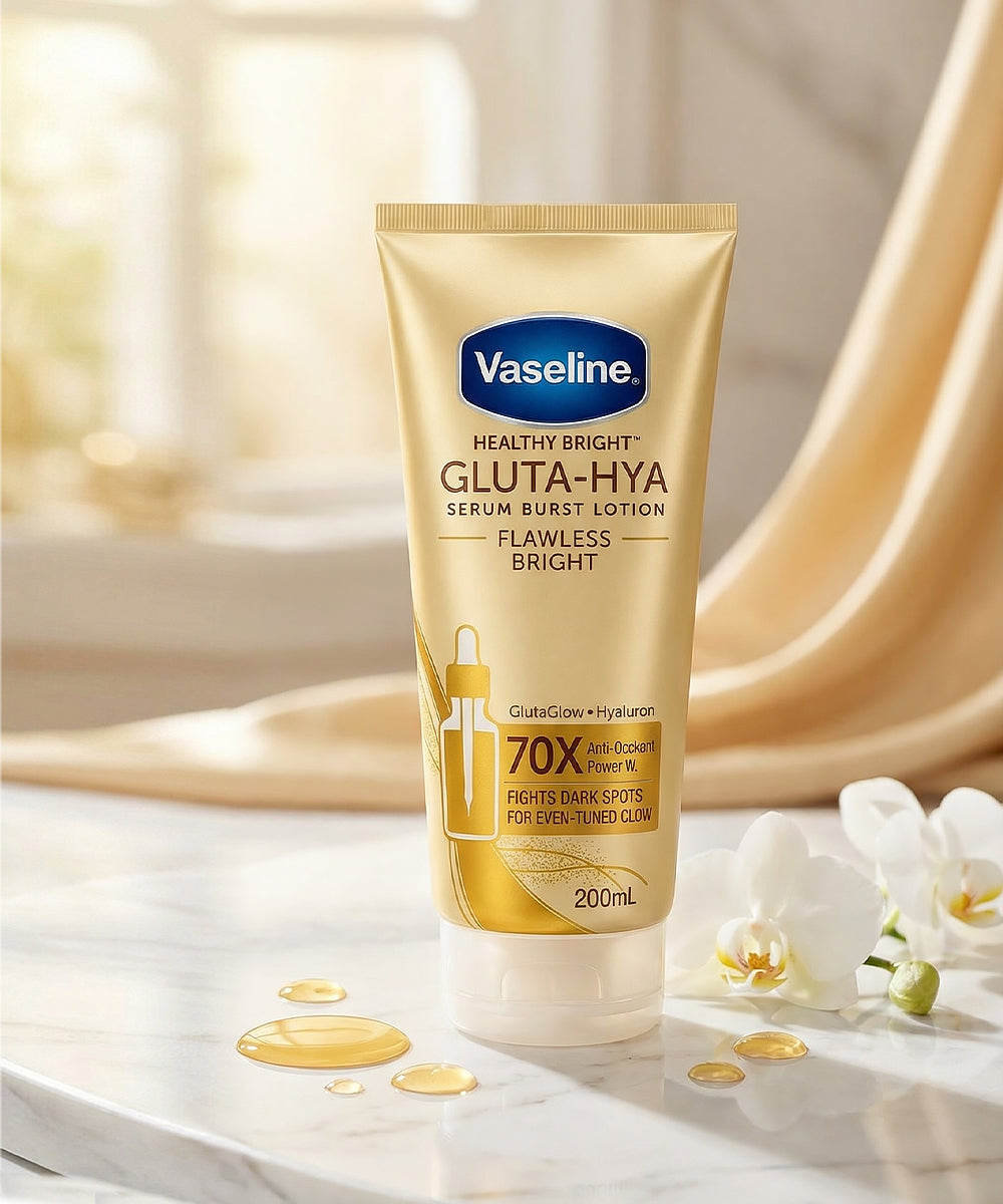 Vaseline Healthy Bright Gluta-Hya lotion tube on a light background with flowers.