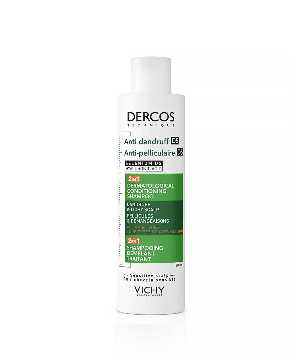 Vichy Dercos anti-dandruff shampoo bottle on a white background