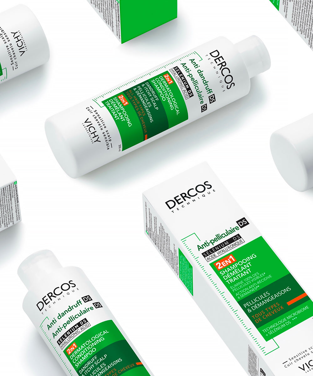 Vichy Dercos anti-dandruff shampoo bottles and boxes on a white background